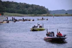 FLW Tour anglers prepare to go through boat check before the start of day-one competition on the Potomac River.