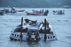 Forrest Wood Cup competitors head to the starting line prior to opening takeoff on Lake Lanier.