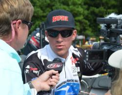 Forrest Wood Cup leader Jacob Wheeler interviews with the media Saturday afternoon.