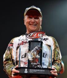 Timothy Dearing of Loudon, Tenn., proudly diplays his first-place trophy after winning the 2012 Forrest Wood Cup co-angler title.