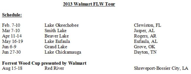 2013 Walmart FLW Tour Majors schedule