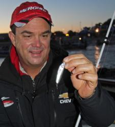 Chevy pro  Jay Yelas will use a jigging spoon to target bass around bait schools.