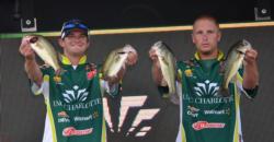 The UNC Charlotte team of Shane Lehew and Adam Waters hold up part of their 8-pound, 13-ounce catch.