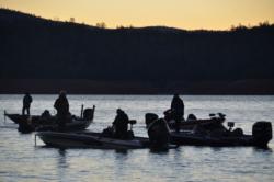 As the sun rises, EverStart Series Western Division anglers patiently await the start of the Lake Oroville competition.