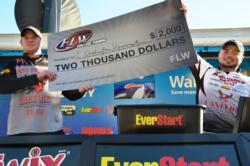 The Eastern Washington University team holds up its first-place check after winning the FLW College Fishing event on Lake Oroville.
