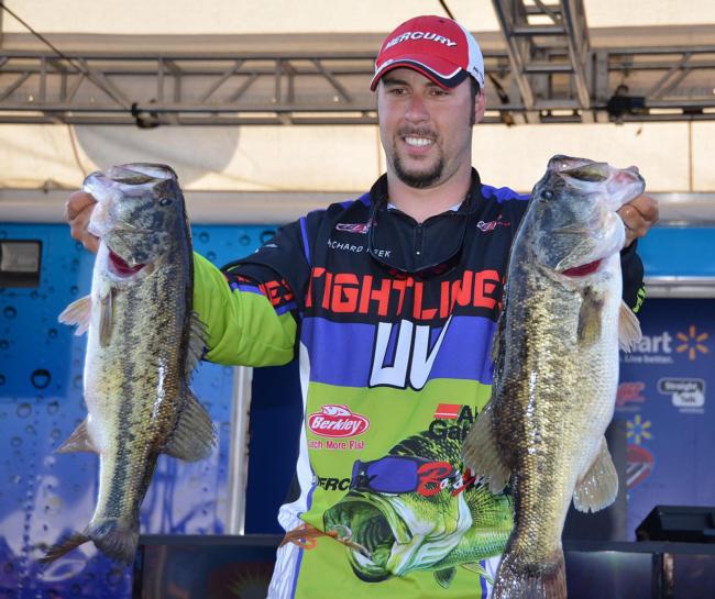 Co-angler Richard Peek rallied up the leaderboard on day three by weighing three fish for an impressive 13 pounds, 9 ounces. That brought his cumulative total to 35-8, capturing the second-place spot and a $7,500 check. 