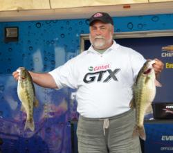 Third-place co-angler Mike Hardin shows off two nice Smith Lake bass.