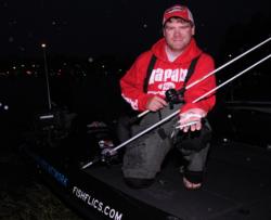 The EverStart Series Southeast Division points co-leader Shaye Baker readies his sight-fishing lures for the day: a white Paca Craw and a X-Rap Prop.