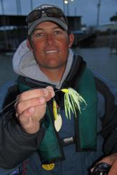  Dustin Grice customizes his 3/8-ounce spinnerbait with chartreuse and white willow blades and a chartreuse/white skirt.