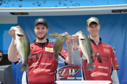 Joseph Zapf and Andrew Zapf of Ramapo College display a few fish from their 12-pound, 14-ounce limit that took home the title at the FLW College Fishing Northern Division event on Smith Mountain Lake. 
