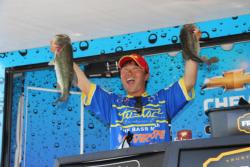 Toshitada Suzuki was all smiles when he displayed two of the fish that led him to second place.