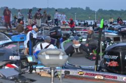 FLW  Tour anglers share some downtown at Wolf Creek Park marina before the start of day-one takeoff on Grand Lake.