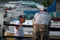 Kentucky Lake pros Billy Schroeder and Ramie Colson Jr. share some dock talk before day-one launch.