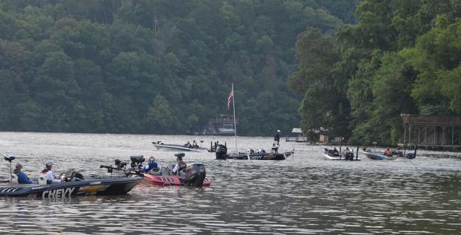FLW Tour anglers blast off after their boat numbers are called Thursday morning.