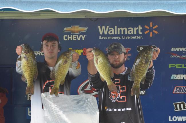 Georgetown College anglers John Hunter and Vincent Timperio hold up their day-one catch. 