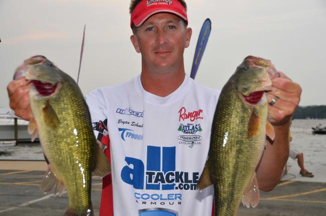 Pro Bryan Schmitt of Deale, Md., shows off his 16-pound, 10-ounce catch en route to a second-place after day one on the Chesapeake Bay.