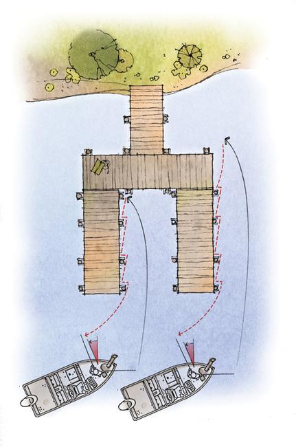 Fixed dock: Careful casting will allow angler to reach tucked-away parts of the dock, while making contact with solid structure. Target each row of posts and along sides and back of dock. 