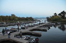 Anglers leave the docks to start the final event of the 2013 EverStart Series Western Division on Clear Lake.