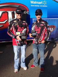 Lamar University teammates Quinton Evans and Colby Ogden proudly displays their first-place trophies after winning the Feb. 15. FLW College Fishing Southern Division event on Toledo Bend.
