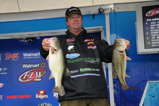 Pro Skip Johnson of Goodells, Mich., is in second after day one with five bass for 19 pounds, 4 ounces.