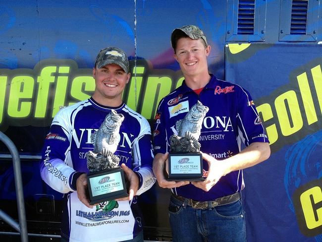 Cade Laufenberg and Wyatt Stout of Winona State University jumped from 14th to first place to win the Central Conference Invitational on Kentucky Lake. 