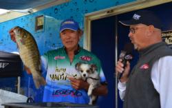 Thanks to this smallmouth at the end of the day, Gary Yamamoto sits in third place with his 16-pound catch.