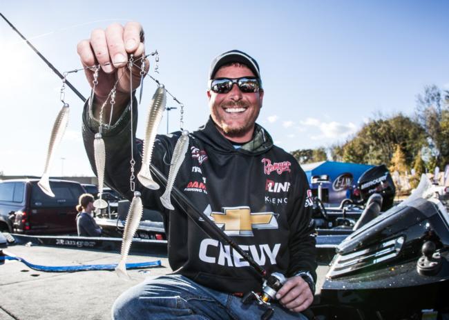 Chevy pro Bryan Thrift tossed a Shane's Baits Mini Blades of Glory rigged with Damiki Anchovy Shads and Keitech swimbaits. 