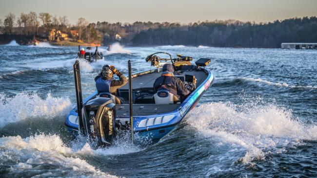 Although the air is chilly the sun is bright as the top-20 takes off on day three of the Walmart FLW Tour on Lewis Smith Lake.