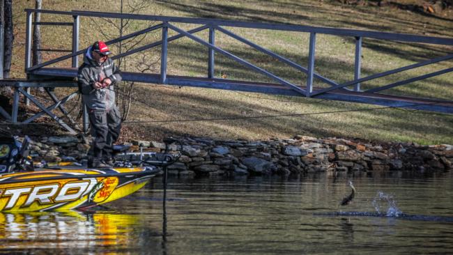 Tracy Adams makes another connection with a bedding bass early on day three of the Walmart FLW Tour on Lewis Smith Lake.