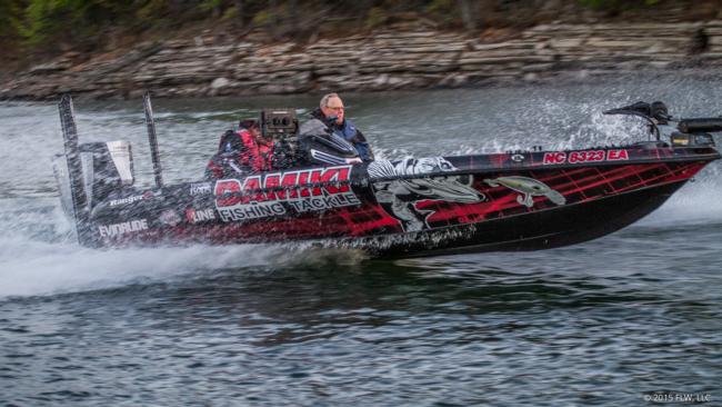 Pro Bryan Thrift takes off in fourth place on day three of the Walmart FLW Tour on Beaver Lake. He is hoping he will end the day in the top 10 to fish the final day.