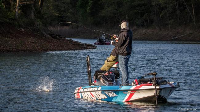 Pro Cody Meyer reels in fish number five on day three of the Walmart FLW Tour on Beaver Lake. It's cull time now!