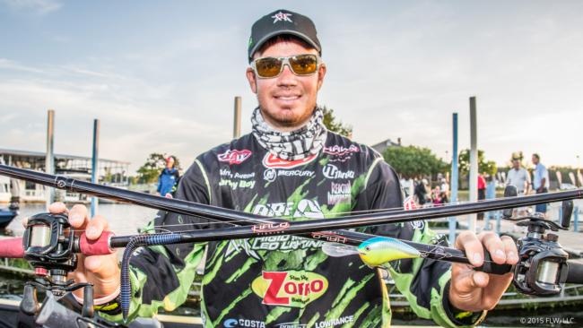 9. Adrian Avena picked up the second FLW Tour top 10 of his career with a hematoma-colored Reaction Innovations Pocket Rocket on a Texas rig and a chartreuse and blue Rapala DT 14. 