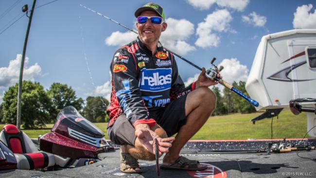 4. AOY-leader Wesley Strader tossed a Texas-rigged red bug-colored Zoom Magnum Trick Worm in and around brush and used a homemade vibrating jig over hydrilla.