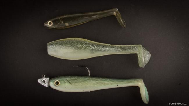 For size comparison (top to bottom): 5 1/2-inch Strike King Shadalicious, 6 1/4-inch Nichols MBP Swimbait and 6 1/2-inch Strike King Shadalicious.