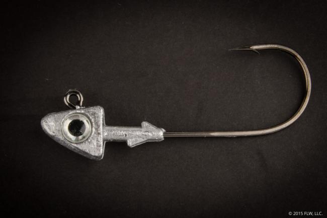 An 8/0 jig-hook is needed to fish the 6 1/4-inch MBP. Shown here is a 1-ounce Big Hammer jighead with an 8/0 hook.