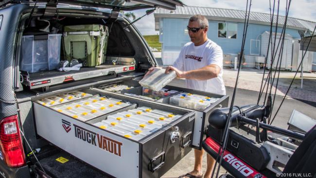 For Brad, his boat is a temporary stopping place for his tackle. Most of the time, the majority of his equipment rides in the truck or camper and is transferred into the boat depending on the day. A pair of sliding drawers holds all the extra boxes he needs, from square-bill crankbaits to swimbaits or topwaters. 