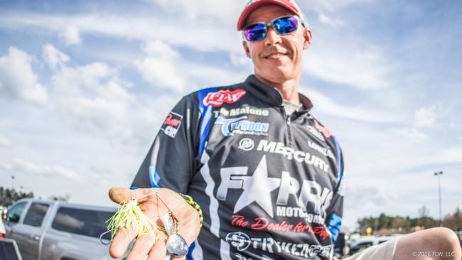 6. Tim Malone tore up a lot of spinnerbaits by casting them around cypress trees. On the final day he used a 3/8-ounce chartreuse BOOYAH spinnerbait with a silver willow-leaf blade and a silver No. 5 Colorado blade. He said a gold blade also worked for him throughout the week.