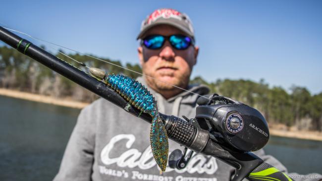 Seventh place went to Jeff Reynolds, who alternated between a 5/16-ounce Santone swim jig with a Strike King Rage Craw trailer and a Reaction Innovations Sweet Beaver Texas-rigged on a 3/0 Trokar flipping hook and a 3/16-ounce weight.