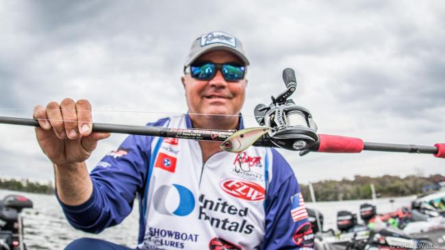 Chris Whitson was also part of the Griffin brigade. He caught the majority of his fish on a Tennessee blush shad-colored BOOYAH One Knocker, one on a walking topwater and several others on a Showboat Lures Finesse Stick (black and blue) Texas-rigged with a 5/16-ounce weight.